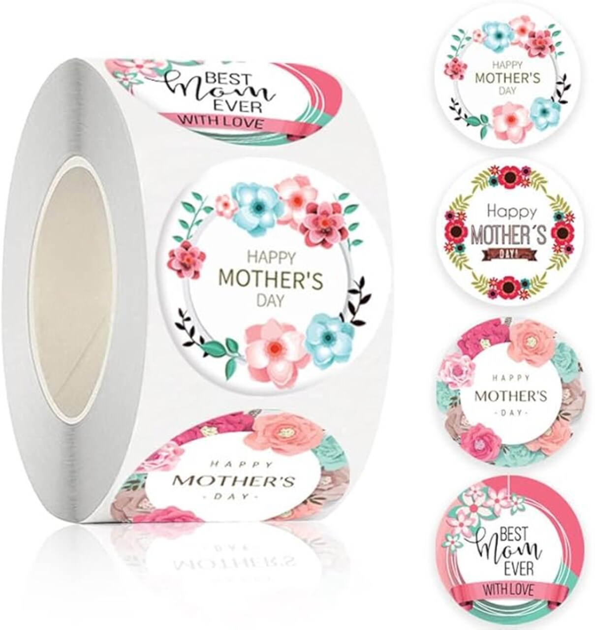 500PCS Happy Mother’s Day Sticker Roll – 1.5-Inch Round Floral Labels for Envelope Seals, Gift Wrap, DIY Cards, Party Favors & Box Decorations